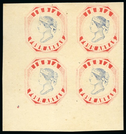 Stamp of India » 1854 Lithographs Spence 23: 4a aniline red and blue on yellowish wove paper in block of four
