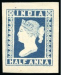 Stamp of India » 1854 Lithographs Spence 97: 1/2a blue on yellowish paper and Spence 99: 1/2a blue on thin yellowish unwatermarked paper