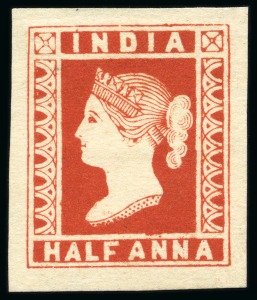 Stamp of India » 1854 Lithographs Spence 102: 1/2a red on thin yellowish unwatermarked paper, pos.8 and pos.15 singles
