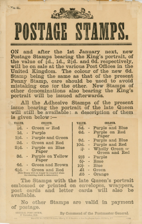 Stamp of Great Britain » Postal Notices Postal Notices, General Post office 17 December 1901, announcing new postage stamps available on the 1st January