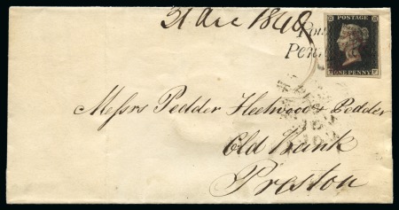 Stamp of Great Britain » Coloured Maltese Cross Cancellations 1840 1d Black pl.7 TF tied to wrapper from Poulston to Preston by "Poulston / Penny Post" handstamp and MAGENTA Maltese Cross