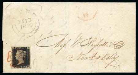 Stamp of Great Britain » 1840 1d Black and 2d Blue "May Dates" 1840 1d Black pl.1a, very good even margins, tied to 1840 (May 13) wrapper by crisp orange-red MC, placed contrary to regulations at the lower left 
