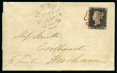 Stamp of Great Britain » 1840 1d Black and 1d Red plates 1a to 11 1840 1d Black pl.2 NL tied to 1840 (Jun 15) wrapper from Chichester to Horsham (Sussex) by crisp Maltese Cross in distinctive deep red