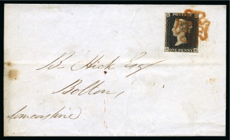 Stamp of Great Britain » 1840 1d Black and 1d Red plates 1a to 11 1840 1d Black pl.4 GH, just clear to good margins, tied to 1840 (Jun 19) wrapper from Glasgow (Scotland) to Bolton by neat orange-red Maltese Cross