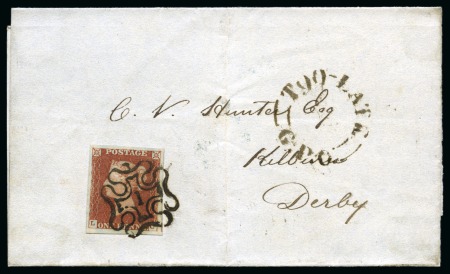 Stamp of Great Britain » London Numbered Crosses 1841 1d red LC, very good to very large margins, tied to 1843 (Oct 28) wrapper by crisp London "1" in Maltese Cross