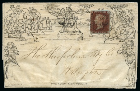 Stamp of Great Britain » 1840 Mulreadys & Caricatures 1841 1d Red pl.14 BG, just touched at top left, tied by black Maltese Cross to 1840 1d Mulready wrapper