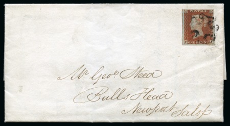 Stamp of Great Britain » Distinctive Maltese Cross Cancellations 1841 1d Red pl.24 FJ, fine to large margins, tied by distinctive Shrewsbury (Shropshire) "empty centre" black Maltese Cross to 1842 (Oct 2) entire to Newport