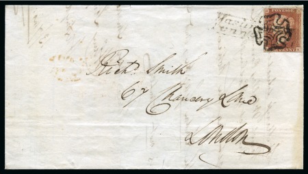 Stamp of Great Britain » Penny Post Postmarks Used As Cancellations 1841 1d Red pl.11 DK, fine to good margins, tied to 1841 (Aug) lettersheet by "Haslingden / Penny Post" hs and black MC