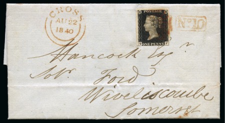 Stamp of Great Britain » 1840 1d Black and 1d Red plates 1a to 11 1840 1d Black pl.6 TF, tied to 1840 (Aug 22) entire from Cross to Wiveliscombe (Somerset) by red MC with "No.10" boxed receiving house hs 