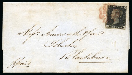 Stamp of Great Britain » 1840 1d Black and 1d Red plates 1a to 11 1840 1d Black pl.6 KE, state 2, tied to 1841 (Feb 6) wrapper from Preston to Blackburn (Lancashire) by PALE MAGENTA Maltese Cross
