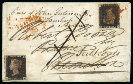 Stamp of Great Britain » 1840 1d Black and 1d Red plates 1a to 11 1840 1d Black pl.6 KI, good to huge margins, tied to 1840 (Aug 16) envelope to Hamilton (Scotland) redirected with a further 1d black