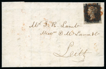 Stamp of Great Britain » Coloured Maltese Cross Cancellations 1840 1d Black pl.6 SC tied to 1840 (Nov 18) wrapper from Kirkcaldy to Leith (Scotland) by crisp ORANGE Maltese Cross