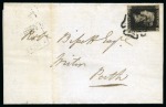 Stamp of Great Britain » 1840 1d Black and 1d Red plates 1a to 11 1840 1d Black pl.2 DK, fine to good margins, tied to 1841 (Apr 8) entire sent locally in Perth (Scotland) by neat black Maltese Cross