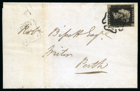 Stamp of Great Britain » 1840 1d Black and 1d Red plates 1a to 11 1840 1d Black pl.2 DK, fine to good margins, tied to 1841 (Apr 8) entire sent locally in Perth (Scotland) by neat black Maltese Cross