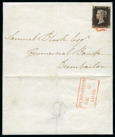 Stamp of Great Britain » Coloured Maltese Cross Cancellations 1840 1d Black pl.4 MJ, good to very good margins, tied to 1840 (Sep 9) wrapper by crisp ORANGE Maltese Cross of Dumbarton