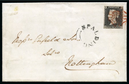 Stamp of Great Britain » 1840 1d Black and 1d Red plates 1a to 11 1840 1d Black pl.1a EC tied to wrapper by crisp red Maltese Cross with Spalding undated circular hs below