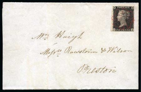 Stamp of Great Britain » Coloured Maltese Cross Cancellations 1840 1d Black pl.1b JA tied to 1840 (Oct 4) entire from Ormskirk by crisp PINK Maltese Cross
