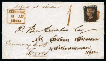 Stamp of Great Britain » 1840 1d Black and 1d Red plates 1a to 11 1840 1d Black pl.1b ML tied to 1840 (Aug 7) wrapper from Aberdeen to Aberdour then to Forres (Scotland) originally sent pre-paid in cash with "1" 