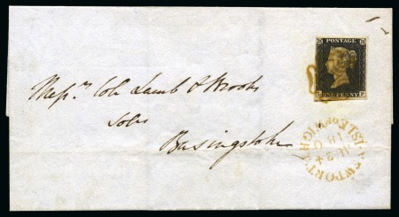 Stamp of Great Britain » Coloured Maltese Cross Cancellations 1840 1d Black pl.4 LB tied to 1840 (Aug 24) wrapper from Newport, Isle of Wight, by neat BISTRE-BROWN Maltese Cross