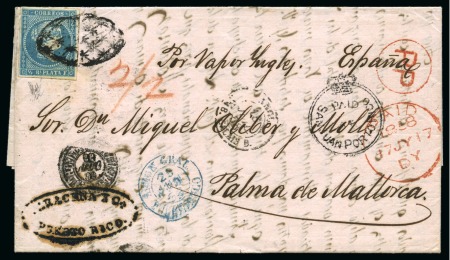 Stamp of Puerto Rico 1857 1/2r blue from Cuba, on cover with "PAID AT/SAN JUAN PORTO RICO" crown circle