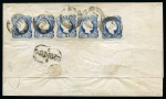 Stamp of Portugal 1856-58 25r blue, die I, five examples on quintuple rate inland cover