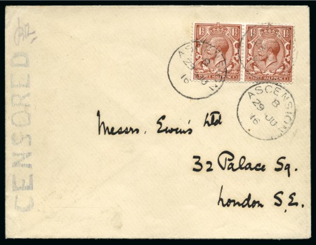 Stamp of Ascension » Great Britain Used in Ascension Ascension 1916 (29 JU) censored "Ewens" cover to London bearing Great Britain 1912-22 1½d. red-brown pair,