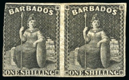 Stamp of Barbados Barbados 1873 1/- Black horizontal pair unused part o.g, wmk Large Star, Clean-Cut Perf 14.5 to 15.5, variety "Imperf between", 