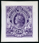 Stamp of British Empire General Collections and Lots » British Empire Essays 1910ca. De La Rue "Britannia" £20 "OVERSEA DOMINIONS" dummy stamp die proof in deep purple