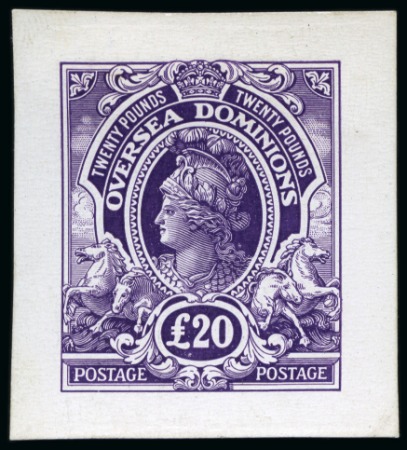 Stamp of British Empire General Collections and Lots » British Empire Essays 1910ca. De La Rue "Britannia" £20 "OVERSEA DOMINIONS" dummy stamp die proof in deep purple