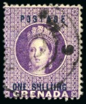 Stamp of Grenada Grenada 1875 1/- Deep Mauve, perf. 14, overprint variety "SHLLIING";