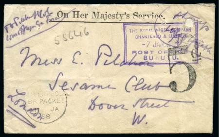 Stamp of Nigerias » Niger Coast Protectorate Niger Comp Territory 1898 (7 JAN) stampless O.H.M.S. cover to London endorsed at upper right "Stamps unobtainable"  