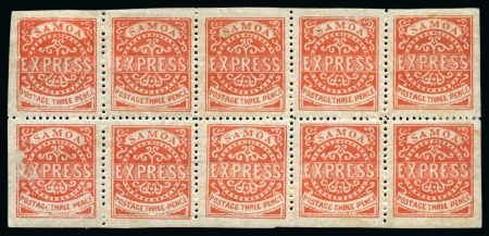 Stamp of Samoa SAMOA 1877-80 EXPRESS 3d vermilion 3rd state perf 12 complete sheet of 10 (5x2)