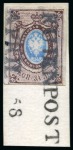 Stamp of Russia » Russia Imperial 1857-58 First Issues Arms 10k brown & blue (St. 1) 1857 10k Brown & Blue with very close to large margins, cancelled by partial "RUJEN (POST)" two line ds