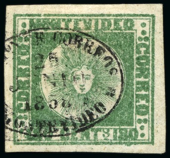 Stamp of Uruguay 1858 180c green, type 13, the earliest recorded usage of the "Block Type" Issue