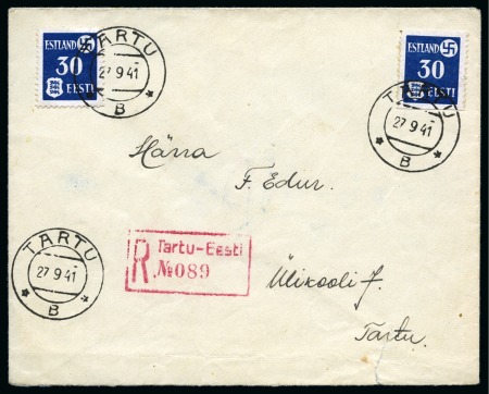 Stamp of Russia » German Occupation of Estonia  Local registered envelope with 30k, incl. one example hor. imperf.