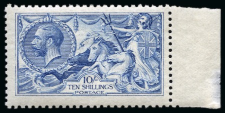 Stamp of Great Britain » King George V » 1913-19 Seahorse Issues 1915 De La Rue 10/- Bright Cambridge Blue marginal example from the right of the sheet, 