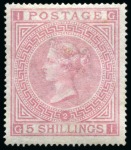 Stamp of Great Britain » 1855-1900 Surface Printed » 1867-83 High Values 1867-83 Wmk MC 5s pale rose pl.2 mint large part original gum