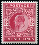 Stamp of Great Britain » King Edward VII » 1902-10 De La Rue Issues 1902-10 De La Rue 5s bright carmine, mint nh
