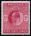 Stamp of Great Britain » King Edward VII » 1902-10 De La Rue Issues 1902-10 De La Rue 5s deep bright carmine, mint nh