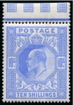 Stamp of Great Britain » King Edward VII » 1902-10 De La Rue Issues 1902-10 De La Rue 10/- Ultramarine marginal example from the top of the sheet, fresh unmounted mint;