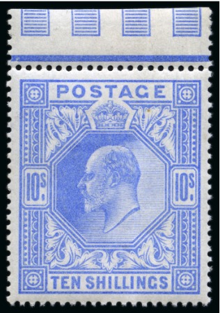 Stamp of Great Britain » King Edward VII » 1902-10 De La Rue Issues 1902-10 De La Rue 10/- Ultramarine marginal example from the top of the sheet, fresh unmounted mint;