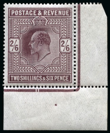 Stamp of Great Britain » King Edward VII » 1911-13 Somerset House Issues 1911-13 Somerset house 2/6d. Dark purple, from the lower right corner of the sheet, fresh unmounted mint (mounted in the margin);