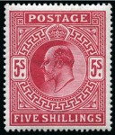 Stamp of Great Britain » King Edward VII » 1911-13 Somerset House Issues 1911-13 Somerset house 5/- Carmine, a superbly fresh unmounted mint example