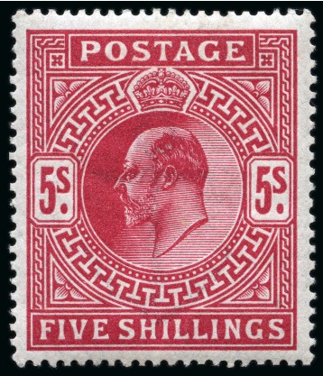 Stamp of Great Britain » King Edward VII » 1911-13 Somerset House Issues 1911-13 Somerset house 5/- Carmine, a superbly fresh unmounted mint example