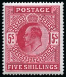 Stamp of Great Britain » King Edward VII » 1911-13 Somerset House Issues 1911-13 Somerset house 5/- Carmine-red, a superbly fresh unmounted mint example. 