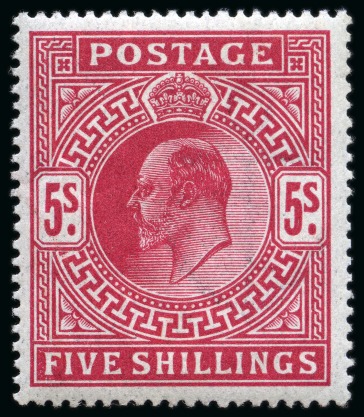Stamp of Great Britain » King Edward VII » 1911-13 Somerset House Issues 1911-13 Somerset house 5/- Carmine-red, a superbly fresh unmounted mint example. 