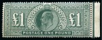 Stamp of Great Britain » King Edward VII » 1911-13 Somerset House Issues 1911-13 Somerset house £1 Deep Green from the right of the sheet, unmounted mint; very fine