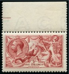 Stamp of Great Britain » King George V » 1913-19 Seahorse Issues 1915 De La Rue 5/- Pale carmine (worn plate) from the top of the sheet showing part of the guideline;