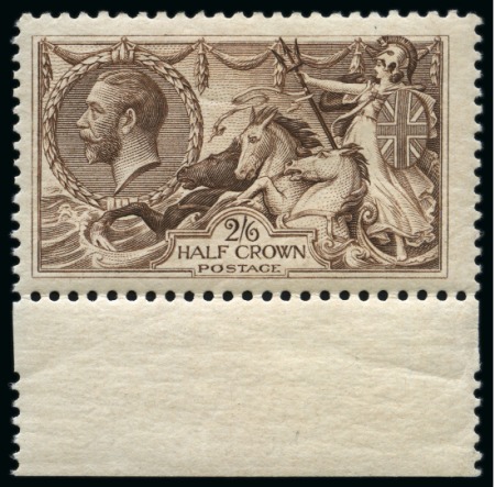 Stamp of Great Britain » King George V » 1913-19 Seahorse Issues 1918 Bradbury Wilkinson 2/6d. Reddish Brown, a marginal example from the foot of the sheet