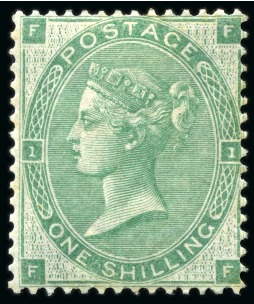 Stamp of Great Britain » 1855-1900 Surface Printed » 1862-64 Small Uncoloured Corner Letters 1862 1/- green, Wmk emblems plate 1 (=Plate 2), large part original gum